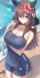 1girl alternate_hairstyle animal_ears breasts brown_hair cleavage collarbone commentary_request cowboy_shot ear_covers ear_ornament gentildonna_(umamusume) hair_down hair_ornament highres horse_ears horse_girl horse_tail large_breasts naname_(nanameee_04) poolside red_eyes school_swimsuit solo swimsuit tail tracen_swimsuit umamusume