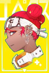 1girl apex_legends colored_eyelashes copyright_name dark-skinned_female dark_skin double_bun earrings from_side glint hair_bun head_only headband headphones headphones_around_neck highres jewelry lifeline_(apex_legends) lin_hai looking_back purple_eyes red_hair solo sparkle white_headband