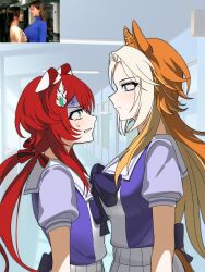 2girls anger_vein angry animal_ears asymmetrical_docking back_bow blonde_hair blue_eyes bow bowtie breast_press breasts clenched_teeth colored_inner_hair commentary ear_ornament ears_back eye_contact face-to-face from_side green_eyes hair_bow hair_ornament hallway height_difference highres horse_ears horse_girl horse_tail indoors large_breasts long_hair looking_at_another multicolored_hair multiple_girls nijuke2 orange_hair orfevre_(umamusume) photo_inset pleated_skirt profile puffy_short_sleeves puffy_sleeves purple_bow purple_bowtie purple_shirt red_bow red_hair reference_inset sailor_collar sailor_shirt school_uniform shirt short_sleeves skirt small_breasts summer_uniform tail teeth tracen_school_uniform turn_pale twintails umamusume upper_body white_hair white_sailor_collar white_skirt win_variation_(umamusume)