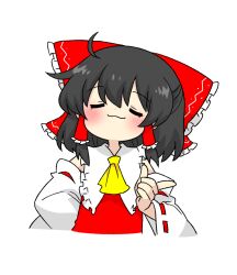 Rule 34 | 1girl, ahoge, ascot, black hair, bow, closed eyes, collared shirt, deformed, detached sleeves, drakeposting (meme), frilled bow, frilled hair tubes, frilled shirt collar, frills, hair bow, hair tubes, hakurei reimu, kumanou22, long hair, meme, nontraditional miko, red bow, red ribbon, red shirt, red skirt, ribbon, shirt, sidelocks, skirt, sleeveless, sleeveless shirt, touhou, white sleeves, wide sleeves, yellow ascot