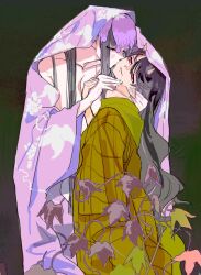 2girls bare_shoulders black_hair blush breasts collarbone dark_background fine_art_parody flower flower_on_head food_print fruit_print grape_print head_tilt highres horns itou_(golem_inc) kiss kissing_cheek large_breasts leaf lobelia_(flower) long_hair multiple_girls nippaku_zanmu parody plant pointy_ears red_eyes standing straight_hair the_kiss touhou very_long_hair vines wavy_hair yomotsu_hisami yuri