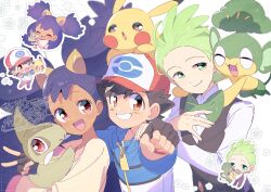 1girl 2boys ^_^ ash_ketchum axew baseball_cap black_gloves black_hair black_vest blue_jacket bow bowtie chibi cilan_(pokemon) clenched_hand closed_eyes closed_mouth creature creature_on_head creature_on_shoulder crossed_arms dark-skinned_female dark_skin dot_nose dress_shirt eyelashes fingerless_gloves fingernails fist_bump forehead gen_1_pokemon gen_5_pokemon gloves green_bow green_bowtie green_eyes green_hair grin hair_ornament happy hat highres holding holding_creature iris_(pokemon) jacket light_blush long_hair looking_at_creature multicolored_jacket multiple_boys multiple_views nintendo on_shoulder open_mouth orange_eyes outline pansage pikachu poke_ball_print pokemon pokemon_(anime) pokemon_(creature) pokemon_bw_(anime) red_eyes red_hat serizawa_serizane shirt short_hair short_sleeves smile tareme traditional_bowtie two-tone_headwear two-tone_jacket two_side_up upper_body v v-neck very_long_hair vest white_background white_hat white_jacket white_outline white_shirt yellow_shirt zipper zipper_pull_tab
