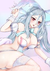 Rule 34 | 1girl, animal ears, aqua bow, aqua bowtie, blue background, blush, bow, bowtie, breasts, brown dust (series), brown dust 2, cleavage, dldbsq, fake animal ears, fake tail, fishnet thighhighs, fishnets, hair between eyes, large breasts, leotard, long hair, looking at viewer, morpeah (brown dust), open mouth, pink background, playboy bunny, red eyes, shadow, solo, tail, thighhighs, tongue, tongue out, twintails, two-tone background, very long hair, white leotard, white thighhighs, white wrist cuffs, wrist cuffs