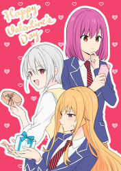 3girls :d absurdres arato_hisako blonde_hair blush brown_vest collared_shirt gift hair_between_eyes happy_valentine heart highres holding holding_gift holding_phone jacket long_hair long_sleeves medium_hair multiple_girls nakiri_alice nakiri_erina necktie open_clothes open_jacket open_mouth outline phone pink_hair purple_eyes red_eyes red_necktie school_uniform shirt shokugeki_no_souma short_hair smile striped_necktie thinking toy-black upper_body vest white_hair white_outline white_shirt