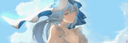 1girl absurdres bare_shoulders blue_eyes blue_sky blue_veil breasts closed_mouth colored_eyelashes commentary day highres kuraasa_5 large_breasts looking_at_viewer outdoors portrait shorekeeper_(wuthering_waves) sky smile solo two-tone_veil veil white_veil wuthering_waves
