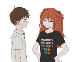 1boy 1girl black_shirt blue_eyes blush brown_eyes brown_hair collared_shirt commentary hand_on_own_hip hashtag-only_commentary highres homophobia ikari_shinji interface_headset_(evangelion) lgbt_pride looking_at_another melo_(waterme1o) meme neon_genesis_evangelion orange_hair pri-demon-th_(meme) pride_month shirt short_hair short_sleeves smile souryuu_asuka_langley sweatdrop two_side_up white_shirt