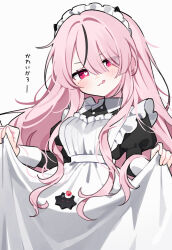 1girl :3 :p apron black_dress black_hair blush commentary_request cowboy_shot dress frilled_apron frills heart heart-shaped_pupils highres long_hair looking_at_viewer maid maid_headdress mole mole_under_eye multicolored_hair original pink_eyes pink_hair puffy_sleeves sidelocks skirt_hold smile streaked_hair symbol-shaped_pupils tongue tongue_out waka_(wk4444) white_apron
