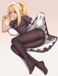 1girl absurdres black_dress blonde_hair blush breasts clothes_lift commentary dark-skinned_female dark_skin dress dress_lift english_commentary female_focus frilled_skirt frills full_body gradient_background gravity_daze grey_background highres kitten_(gravity_daze) legs lifting_own_clothes lying maid maid_headdress medium_breasts medium_hair nickleflick no_shoes on_side pantyhose parted_lips ponytail puffy_short_sleeves puffy_sleeves red_eyes shiny_clothes short_sleeves sidelocks simple_background skirt solo