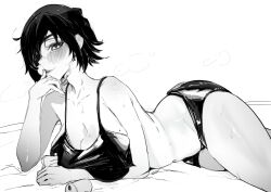 Rule 34 | 1girl, absurdres, beer can, blush, breasts, can, chainsaw man, cleavage, collarbone, drink can, eyepatch, greyscale, highres, himeno (chainsaw man), kaiser (kaiserofart), medium hair, monochrome, navel, one eye covered, simple background, solo, sweat, white background