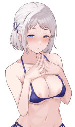 1girl :o areola_slip bikini blue_eyes blush breasts collarbone commentary_request gakuen_idolmaster grey_hair half-closed_eyes halterneck highres idolmaster katsuragi_lilja looking_at_viewer medium_breasts namagaki_namero navel own_hands_together purple_bikini short_hair side-tie_bikini_bottom simple_background solo steepled_fingers stomach string_bikini swimsuit white_background
