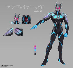 1boy alien armor black_bodysuit bodysuit boots color_timer dark_persona detached_horns full_body glowing glowing_eyes highres horns looking_at_viewer male_focus red_eyes solo standing tokusatsu tongzhen_ganfan ultra_galaxy_(series) ultra_series ultraman_geed_(series) ultraman_zero ultraman_zero_the_movie_choukessen!_belial_ginga_teikoku