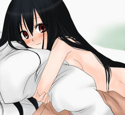 00s 1girl bed_sheet black_hair blanket blush breasts ekra female_focus hug hugging_object komori_kiri large_breasts long_hair looking_at_viewer lying naked_sheet nude out-of-frame_censoring pillow pillow_hug red_eyes sayonara_zetsubou_sensei smile solo