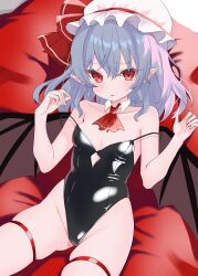 Rule 34 | 1girl, absurdres, alternate costume, ascot, bat wings, black leotard, blue hair, bow, breasts, cleavage, collarbone, commentary, cowboy shot, detached collar, fang, from above, groin tendon, hair between eyes, hat, hat bow, highres, leotard, looking at viewer, lying, medium hair, mob cap, off shoulder, on back, on bed, parted lips, pointy ears, red ascot, red bow, red eyes, remilia scarlet, sidelocks, skin fang, small breasts, solo, sweat, symbol-only commentary, thighhighs, tillots, touhou, white hat, white thighhighs, wings
