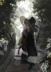 Rule 34 | 1girl, absurdres, ankle boots, black boots, black hat, black jacket, black skirt, boots, brown shirt, closed mouth, collared shirt, commentary, commission, day, flower, frilled skirt, frills, from above, from side, full body, garter straps, grey eyes, grey hair, hair between eyes, hair over one eye, half-closed eyes, hat, hat feather, high heel boots, high heels, highres, holding, holding suitcase, jacket, jacket on shoulders, lace, lace-trimmed thighhighs, lace trim, light rays, lily (flower), long hair, long sleeves, looking at viewer, messy hair, miniskirt, muted color, on stairs, original, outdoors, pointy ears, puffy long sleeves, puffy sleeves, sawararado, shirt, skeb commission, skirt, solo, stairs, standing, stone stairs, suitcase, sun hat, sunbeam, sunlight, symbol-only commentary, thighhighs, tree, twitter username, v arms, very long hair, watermark, white flower, wide brim, zettai ryouiki