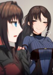 Rule 34 | 2girls, aozaki aoko, arm strap, black dress, black sweater, blue dress, blue eyes, blush, braid, braided ponytail, breasts, brown eyes, brown hair, center opening, dress, fate/grand order, fate (series), grey background, hair intakes, hand on another&#039;s shoulder, highres, kuroshiro (ms-2420), large breasts, layered dress, long hair, long sleeves, mahou tsukai no yoru, multiple girls, open mouth, puff of air, red dress, ribbed dress, sidelocks, simple background, single braid, smile, sweater, tight clothes, very long hair, yu mei-ren (fate), yu mei-ren (first ascension) (fate)