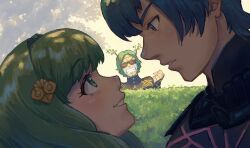 1girl 2boys beard blue_eyes blue_hair bush male_byleth_(fire_emblem) clenched_teeth crying facial_hair fire_emblem fire_emblem:_three_houses flayn_(fire_emblem) green_eyes green_hair green_little hair_ornament looking_at_another multiple_boys nintendo outdoors seteth_(fire_emblem) smile sunglasses teeth