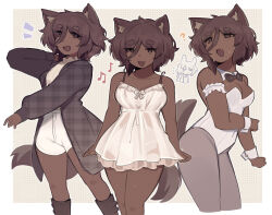Rule 34 | 1girl, 1other, ?, animal ear fluff, animal ears, armband, black bow, black bowtie, boots, bow, bowtie, breasts, brown background, brown boots, brown eyes, brown hair, brown jacket, brown theme, character request, check character, chibi, chibi inset, collar, dark skin, dog ears, dog girl, dog tail, dress, fang, feet out of frame, frilled armband, frills, grey pantyhose, hair between eyes, iahtruong, jacket, layered dress, leaning forward, leotard, looking back, loose hair strand, medium breasts, multiple views, musical note, notice lines, off-shoulder dress, off shoulder, open mouth, original, pantyhose, patterned background, plaid clothes, plaid jacket, shirt, short hair, shorts, skin fang, sleeveless, sleeveless dress, smile, spaghetti strap, strapless, strapless leotard, sweatdrop, tail, unmoving pattern, white armband, white collar, white leotard, white shirt, white shorts, white wrist cuffs, wrist cuffs