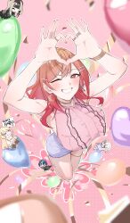 5girls absurdres armpits arms_up balloon choker commentary_request earrings four-finger_heart_hands frilled_shirt frills from_above gradient_hair grin hair_ornament hairclip heart heart_balloon heart_hands highres hiodoshi_ao hiodoshi_ao_(1st_costume) hololive hololive_dev_is ichijou_ririka ichijou_ririka_(1st_costume) inuinuo_gataken jewelry juufuutei_raden juufuutei_raden_(1st_costume) long_hair miniskirt multicolored_hair multiple_girls one_eye_closed orange_hair otonose_kanade otonose_kanade_(1st_costume) parted_bangs pink_background pink_hair pink_nails pink_shirt purple_skirt red_eyes ring shirt skirt sleeveless sleeveless_shirt smile solo_focus teeth thigh_strap todoroki_hajime todoroki_hajime_(1st_costume) virtual_youtuber watch wristwatch