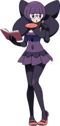 1girl blunt_bangs bob_cut book bow breasts creatures_(company) dress elbow_gloves fur_collar game_freak glasses gloves holding holding_book holding_pen knees_together_feet_apart large_bow low-cut low_neckline mary_janes nintendo non-web_source official_art oomura_yuusuke open_mouth orange_shoes pantyhose pen pleated_dress pokemon pokemon_bw purple_dress purple_hair rimless_eyewear round_eyewear shauntal_(pokemon) shoes short_dress short_hair solo three-quarter_sleeves