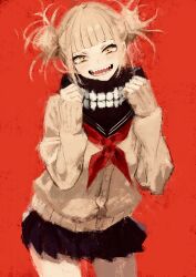 1girl bandana black_bandana black_cardigan black_skirt blonde_hair blunt_bangs boku_no_hero_academia cardigan cowboy_shot double_bun fuyumurasaki hair_bun highres long_sleeves looking_at_viewer messy_hair open_mouth red_background sailor_collar school_uniform serafuku sharp_teeth short_hair sidelocks skirt smile solo teeth toga_himiko yellow_eyes