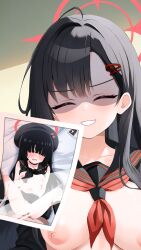 1girl ^_^ ahoge ai-generated asymmetrical_bangs black_hair black_shirt blue_archive breasts closed_eyes collarbone false_smile halo highres holding holding_photo ichika_(blue_archive) justice_task_force_member_(blue_archive) kiriyuki_(azikaban1532) light_censor medium_breasts missionary neckerchief nipples photo_(object) red_halo red_neckerchief school_uniform serafuku sex shaded_face shirt smile solo spread_legs