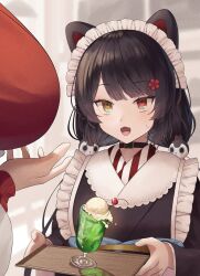 2girls absurdres alternate_breast_size ange_katrina ange_katrina_(1st_costume) animal_ears animal_hair_ornament black_collar black_kimono blurry blurry_background breasts brown_hair cherry collar commentary_request cup cupping_hand dog_ears drinking_glass eyelashes fang flower food frills fruit glint goblet_glass hair_flower hair_ornament heterochromia highres holding holding_tray ice_cream ice_cream_float inui_toko inui_toko_(1st_costume) japanese_clothes kimono kitsutsuki_tsuki large_breasts long_hair long_sleeves looking_at_another low_twintails maid_headdress melon_soda multiple_girls nijisanji open_mouth out_of_frame red_eyes spilling sweatdrop swept_bangs tray twintails upper_body very_long_hair virtual_youtuber white_headdress yellow_eyes