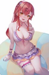 1girl arm_at_side bare_shoulders bikini bikini_skirt breasts brown_nails cleavage collarbone crossed_bangs fang feet_out_of_frame frilled_bikini frilled_thigh_strap frills front-tie_bikini_top front-tie_top furrowed_brow hair_between_eyes hair_ornament hairclip halterneck hand_up highres innertube jewelry knees_together_feet_apart large_breasts layered_skirt long_hair long_sidelocks looking_at_viewer miniskirt multicolored_skirt multiple_thigh_straps na_77_pq nail_polish navel neck_ribbon nekota_tsuna nekota_tsuna_(vspo!_summer_2024) o-ring o-ring_bikini open_mouth orange_eyes orange_skirt pendant ponytail purple_skirt red_hair ribbon sidelocks sitting skirt smile solo striped_innertube swim_ring swimsuit tattoo thigh_strap virtual_youtuber vspo! white_background white_bikini white_skirt wrist_cuffs x_hair_ornament yellow_ribbon