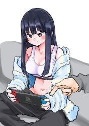 Rule 34 | 1boy, 1girl, black hair, boku no kokoro no yabai yatsu, breasts, brown eyes, cleavage, couch, father and daughter, game console, highres, hood, hoodie, indian style, jacket, long hair, medium breasts, midriff, navel, nintendo switch, open clothes, open jacket, out of frame, pants, pointing, sakurai norio, sitting, sports bra, tagme, track pants, yamada anna