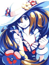 1girl android bikini breasts brown_hair cleavage clenched_hand clenched_teeth collarbone dress flower flower_hat frilled_bikini frills green_eyes hair_between_eyes hair_flower hair_ornament hat iris_(mega_man) joints large_breasts long_hair looking_at_viewer mega_man_(series) mega_man_x_(series) mega_man_x_dive navel navigator official_alternate_costume orange_blossoms(megaman) pink_bikini robot_girl simple_background smile solo summer sun_hat sundress swimsuit teeth white_background