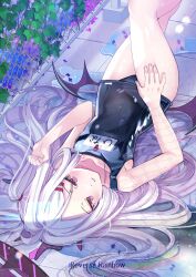 1girl black_halo blue_archive blue_one-piece_swimsuit chain-link_fence closed_mouth commentary_request fence halo highres hina_(blue_archive) hina_(swimsuit)_(blue_archive) jin_young-in loli long_hair looking_at_viewer low_wings lying official_alternate_costume old_school_swimsuit on_back one-piece_swimsuit purple_eyes school_swimsuit solo swimsuit very_long_hair water whistle whistle_around_neck white_hair wings