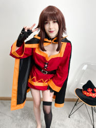 Rule 34 | 1girl, absurdres, asymmetrical legwear, black cape, black hat, black socks, breasts, brown hair, cape, carpet, contrapposto, cosplay, cosplay photo, dress, eyelashes, feet out of frame, hand on own thigh, hat, highres, indoors, kneehighs, kono subarashii sekai ni shukufuku wo!, leaning forward, lips, megumin, megumin (cosplay), mismatched legwear, photo (medium), red dress, red eyes, single kneehigh, single sock, small breasts, socks, solo, staff, standing, stelarhoshi, unworn hat, unworn headwear, v, witch hat