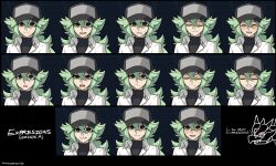 1boy angry black_background black_hat black_shirt blue_background blush clenched_teeth closed_eyes double-parted_bangs dress_shirt english_text expression_chart facing_viewer green_hair grey_eyes grin half-closed_eyes happy hat highres long_bangs looking_at_viewer male_focus multiple_expressions n_(pokemon) nintendo nuumigranate parody partially_unbuttoned pokemon pokemon_bw ponytail serious shaded_face shirt shirt_under_shirt smile sprite sprite_sheet style_parody sweatdrop teeth upper_body white_shirt yu-gi-oh! yu-gi-oh!_duel_links