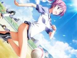 3girls baldr_sky ball buruma day exhausted from_side game_cg gym_uniform kikuchi_seiji motion_blur multiple_girls nagisa_chinatsu outdoors playing_sports ponytail shoes sky soccer soccer_ball sparkle