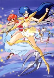 1990s_(style) 3girls armor asou_yuuko belt bikini_armor blue_eyes boots cham game horns knee_boots long_hair long_pointy_ears looking_at_viewer microskirt midriff miniskirt multiple_girls nec neckerchief official_art pc_engine pointy_ears retro_artstyle sidelocks single_horn skirt staff sword telenet_japan valis valis_iii valis_sword valna very_long_hair weapon whip