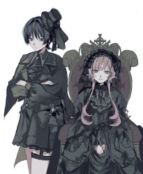 Rule 34 | 1boy, 1girl, alternate costume, ascot, black ascot, black bow, black brooch, black capelet, black collar, black corset, black hair, black hat, black headdress, black shorts, black sleeves, blonde hair, blunt bangs, blunt ends, bow, capelet, ce5 ez, chair, closed mouth, collar, corset, cross-laced clothes, cross-laced corset, crossed arms, eyelashes, eyeliner, eyeshadow, frilled hat, frilled sleeves, frills, garter belt, genshin impact, gothic lolita, grey brooch, grey eyes, hair intakes, hand on own arm, hat, hat bow, highres, large bow, layered ascot, lolita fashion, long sleeves, looking at viewer, makeup, mini hat, mini top hat, own hands together, parted lips, puffy sleeves, red eyeliner, red eyeshadow, sandrone (genshin impact), scaramouche (genshin impact), short hair, short hair with long locks, shorts, sidelocks, sitting, sketch, smile, top hat, tsurime, wide sleeves