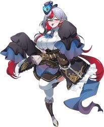 1girl absurdres ascot belt black_hat black_skirt blue_ascot blue_fire boots braid breasts brown_belt center_frills colored_inner_hair fire frills gear_earrings gradient_ascot grey_eyes grey_hair hat highres indie_virtual_youtuber lace-up_boots layered_skirt long_hair mini_hat mini_top_hat multicolored_hair nochinoyo_fuyu pleated_skirt purple_ascot red_eyes red_hair shirt skirt sleeves_past_fingers sleeves_past_wrists solo standing standing_on_one_leg sui_hi_sf thighhighs tongue tongue_out top_hat virtual_youtuber white_shirt white_thighhighs