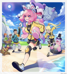 2boys 3girls avery_(pokemon) beach blonde_hair bow carrying clenched_teeth clothed_pokemon cloud commentary_request cooking creatures_(company) day drill_hair galarian_slowbro game_freak gen_1_pokemon gen_8_pokemon glasses gloria_(pokemon) gloves hair_bow hat highres honey_(pokemon) jacket janis_(hainegom) klara_(pokemon) long_sleeves master_dojo_uniform mole mole_under_mouth multiple_boys multiple_girls mushroom mustard_(pokemon) nintendo old old_man piggyback pink_hair pokemon pokemon_(creature) pokemon_swsh ponytail pot purple_eyes rope running shorts sky staryu sweat teeth top_hat twin_drills unused_tire wheel yellow_jacket