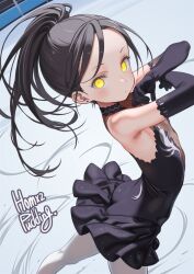 1girl armpits ass bare_shoulders black_gloves black_hair black_leotard breasts closed_mouth commentary_request ear_piercing gloves high_ponytail highres ice_skating kamisaki_hikaru leotard long_hair looking_at_viewer medalist_(manga) paid_reward_available pantyhose piercing ponytail puddinghomhom skating small_breasts solo white_pantyhose yellow_eyes