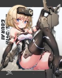 1girl ass black_gloves black_thighhighs blonde_hair blue_eyes blush breasts doyouwantto elbow_gloves frame_arms_girl gloves gourai headgear highres holding holding_weapon long_hair looking_at_viewer mecha_musume open_mouth panties shiny_skin short_hair skindentation skirt solo striped_clothes striped_panties thighhighs thighs underwear weapon
