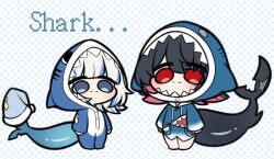 2girls :3 animal_hood arms_at_sides barefoot black_hair blue_eyes buttons chibi chibi_only closed_mouth cosplay costume_switch crossover ellen_joe fins fish_tail full_body gawr_gura gawr_gura_(1st_costume) gawr_gura_(cosplay) grey_hair highres hololive hololive_english hood jacket long_sleeves looking_at_viewer multicolored_hair multiple_girls otu_(o2h2_oh4) parted_bangs red_eyes red_hair shark_hood shark_tail standing tail trait_connection two-tone_hair unworn_headwear virtual_youtuber zenless_zone_zero