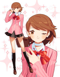 1girl ;) bag black_skirt black_socks blush bow bowtie brown_bag brown_eyes brown_hair brown_shoes cardigan choker closed_mouth collared_shirt earrings flipped_hair full_body gekkoukan_high_school_uniform hand_up heart heart_choker highres holding holding_bag jewelry kneehighs long_sleeves looking_at_viewer loose_bowtie making-of_available miniskirt multiple_views one_eye_closed pearl_earrings persona persona_3 pink_cardigan pleated_skirt red_bow red_bowtie ribbed_cardigan school_bag school_uniform shirt shoes short_hair skirt smile socks sparkle sparkle_background stud_earrings takeba_yukari upper_body white_choker white_shirt yomyompi