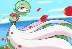 1girl blue_background blue_sky blurry blurry_background bob_cut bouquet closed_mouth colored_skin creatures_(company) day falling_petals female_focus flower from_side game_freak gardevoir gen_3_pokemon gracidea green_hair green_skin hair_over_one_eye happy holding holding_bouquet horizon looking_at_viewer monya multicolored_skin nintendo one_eye_covered outdoors petals pokemon pokemon_(creature) red_eyes red_flower red_ribbon ribbon short_hair sky smile solo standing two-tone_skin white_skin
