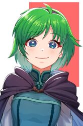 1girl aduti_momoyama blue_eyes blush breasts cape closed_mouth fire_emblem fire_emblem:_the_blazing_blade green_hair hairband highres long_sleeves looking_at_viewer nino_(fire_emblem) nintendo portrait purple_cape purple_hairband shirt short_hair simple_background small_breasts smile solo white_background white_shirt