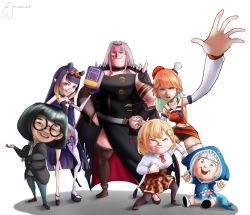 1boy 5girls absurdres animal_hood asymmetrical_legwear black-framed_eyewear black_hair black_legwear blue_hair bob_parr book commentary dash_parr edna_mode fusion gawr_gura glasses green_hair helen_parr highres holding holding_book hololive hololive_english holomyth hood jack-jack_parr jamwes long_hair long_sleeves looking_at_viewer medium_hair mole mole_under_eye mori_calliope multicolored_hair multiple_girls ninomae_ina&#039;nis open_mouth orange_hair purple_hair purple_legwear sharp_teeth signature smile takanashi_kiara teeth tentacle_hair the_incredibles thighhighs two-tone_hair very_long_hair violet_parr virtual_youtuber watson_amelia white_background white_hair white_thighhighs yagoo