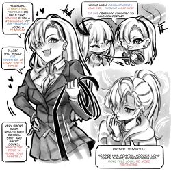 +++ 2girls absurdres blazer breasts cleavage collared_shirt commentary degrees_of_lewdity ear_piercing earrings english_commentary english_text greyscale hand_on_own_hip highres holding holding_leash jacket jewelry large_breasts laughing leash long_hair miniskirt monochrome multiple_girls multiple_views naeunni open_mouth piercing player_character_(degrees_of_lewdity) ponytail school_uniform shirt skirt smile smoking speech_bubble spot_color whitney_(degrees_of_lewdity) whitney_(female)_(degrees_of_lewdity)