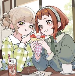 2girls blonde_hair boku_no_hero_academia brown_eyes brown_hair commentary_request cup double_bun dress drinking_straw earrings eating food food_in_mouth food_on_face glass green_hairband green_jacket green_sweater hair_bun hairband highres holding holding_food j_heroaddict jacket jewelry multiple_girls parfait plaid_clothes plaid_dress plaid_hairband planet_earrings spoon sweater teacup toga_himiko turtleneck turtleneck_sweater twitter_username uraraka_ochaco yellow_eyes