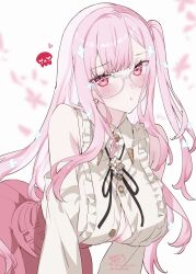 Rule 34 | 1girl, absurdres, bare shoulders, bent over, black ribbon, blush, breasts, button gap, closed mouth, collared shirt, commentary, english commentary, frilled shirt, frills, glasses, heart, highres, hololive, hololive english, kamiya maneki, large breasts, long hair, long sleeves, looking at viewer, mori calliope, mori calliope (kawaiiope), neck ribbon, one side up, pink eyes, pink hair, pink skirt, ribbon, shirt, signature, skirt, solo, twitter username, virtual youtuber, white-framed eyewear, white background, white shirt