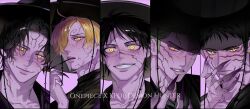 5boys black_hair blonde_hair clenched_teeth colored_skin commentary_request copyright_name curly_eyebrows demon facial_hair fingernails freckles gat_(hat) goatee green_hair hair_over_one_eye hand_tattoo hat highres kpop_demon_hunters long_fingernails looking_at_viewer male_focus monkey_d._luffy multiple_boys mustache one_eye_closed one_piece portgas_d._ace purple_background purple_skin roronoa_zoro sanji_(one_piece) scar scar_across_eye scar_on_face short_hair sideburns simple_background smile tattoo teeth trafalgar_law upper_body white_peach_art yellow_eyes