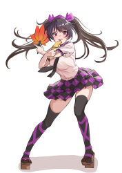 Rule 34 | 0002koko, 1girl, absurdres, brown hair, cellphone, checkered clothes, checkered skirt, commentary, geta, hat, hauchiwa, highres, himekaidou hatate, holding, holding phone, long hair, necktie, open mouth, phone, short sleeves, skirt, smile, solo, thighhighs, tokin hat, tongue, tongue out, touhou, twintails