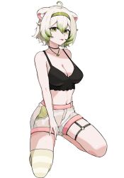 1girl :p ahoge animal_ears black_camisole breasts camisole cleavage ferret_ears ferret_girl food food-themed_necklace fruit gradient_hair green_eyes green_hair green_hairband hair_between_eyes hairband highres kneeling laimu_(vtuber) laimu_(vtuber)_(cozy) lime_(fruit) lime_slice looking_at_viewer medium_breasts midriff multicolored_hair shorts single_thighhigh solo thighhighs tongue tongue_out ttsyrene two-tone_hair two-tone_tail vinesauce virtual_youtuber white_background white_hair